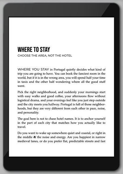 E-reader displaying text about choosing a neighborhood to stay in Portugal, not just a hotel.
